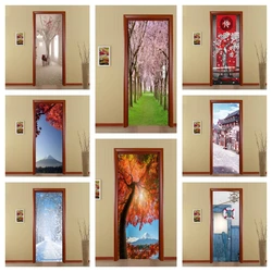 Custom Size Door Sticker Japan Cherry Blossom Wallpaper Self-Adhesive PVC Wall Sticker For Corridor Bedroom Decoration Poster