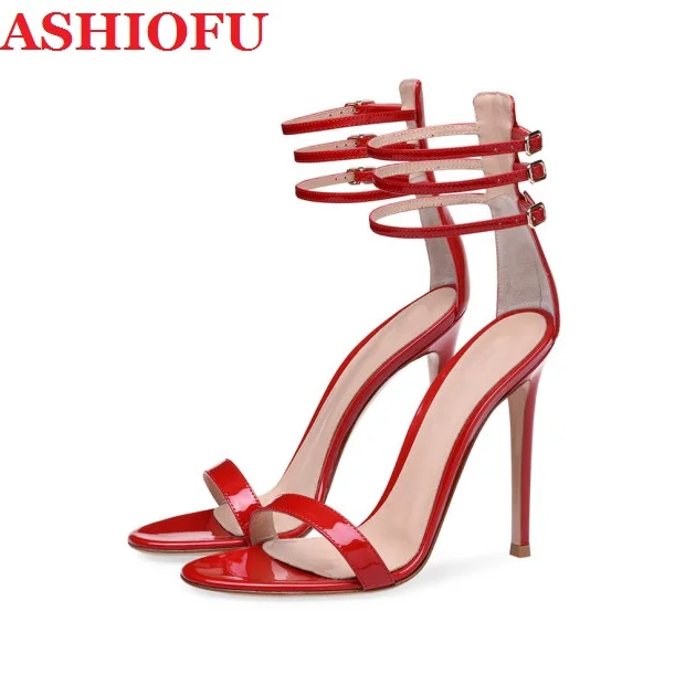 

ASHIOFU Handmade Ladies Stiletto Heels Sandals Shinny Patent Leather Party Prom Shoes Open-toe Sexy Evening Fashion Sandal Shoes