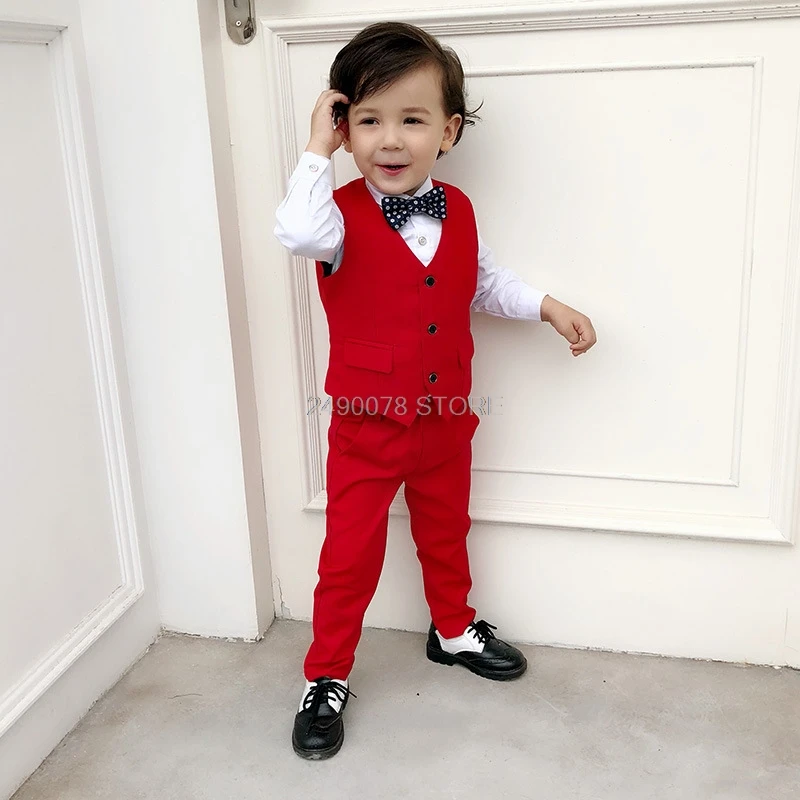 Flower Boys Wedding Suit Japan Kids Jacket Vest pants 3Pcs Set Children Formal Tuxedo Host Dance Party Performance Dress Costume