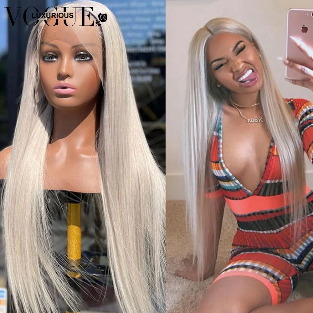 13x4 asch blonde Perücken mit gerader Spitze vorne vor gezupft graues Echthaar Perücken transparente Spitze Perücken für Frauen Echthaar