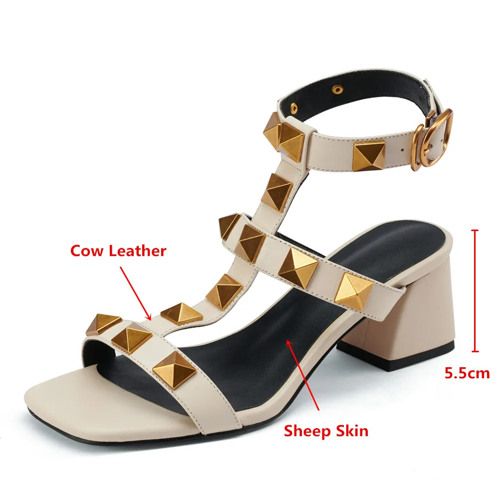 MILI-MIYA Fashion Rivet Design Women Cow Leather Sandals Square Heels Ankle Wrap Buckle Strap Round Toe Summer Shoes Handmade