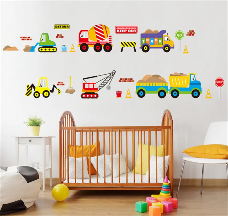 Cartoon Voertuig Verkeer Auto Bussen Muursticker voor Kinderkamer Woonkamer Kleuterschool Baby kinderkamer DIY decoratie