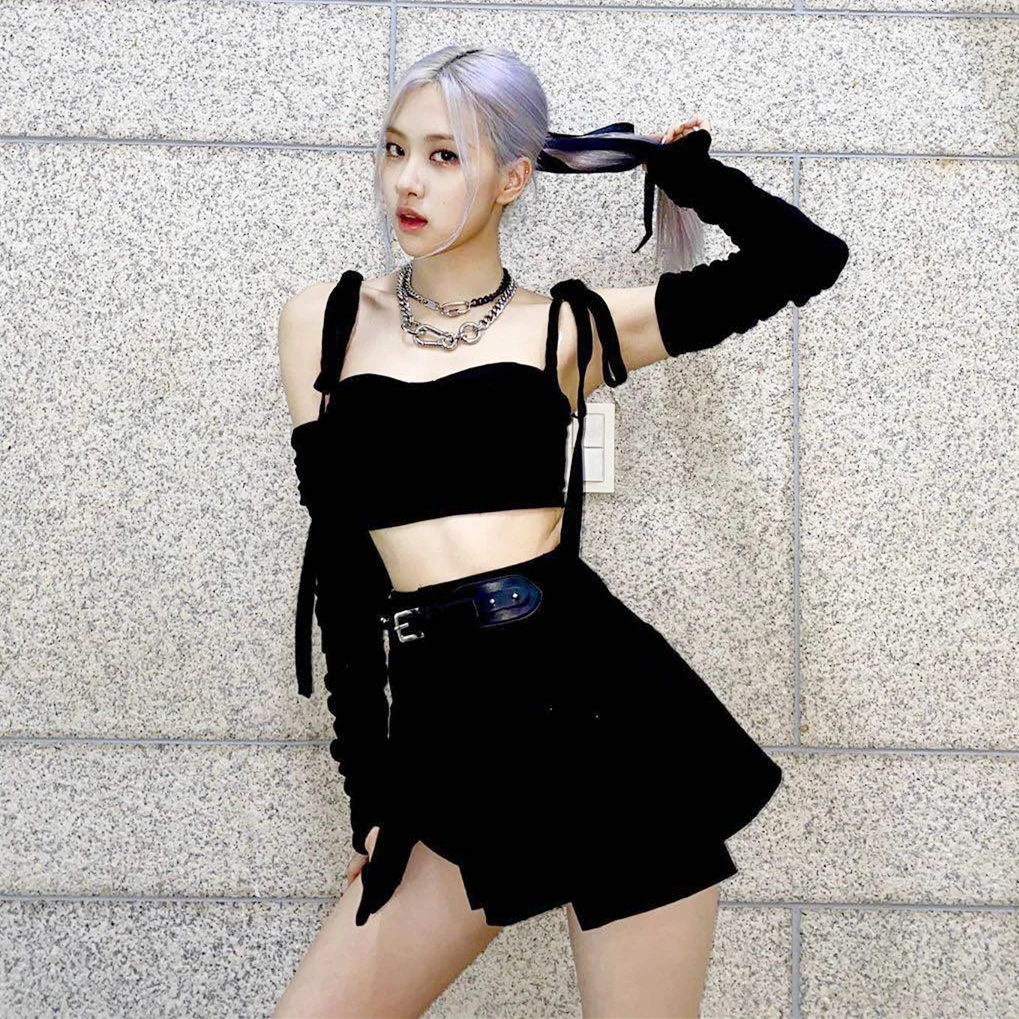 kpop Seo Yea Ji stage show Black Bow-knot Lace-up sling Tube top+irregular sexy High waist mini skirts women 2 piece outfits