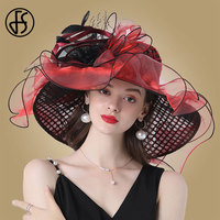 FS Women Organza Red Hats Wedding Fascinators Elegant Big Wide Brim Fedora Kentucky Derby Hats Party Formal Church Ladies Hat