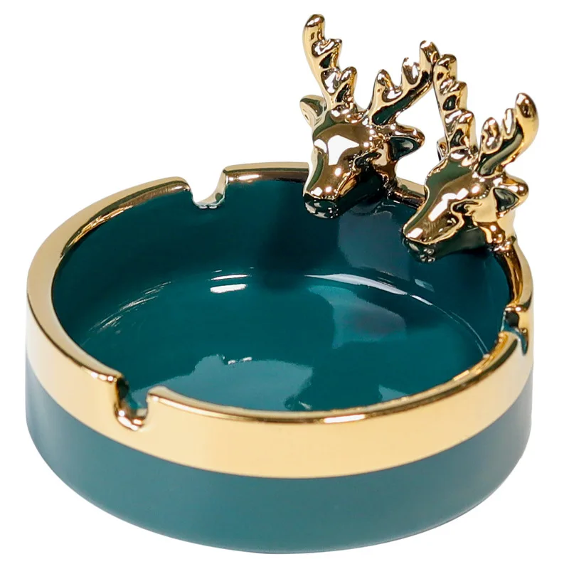 Round Gold-plated Deer Ashtray Cute Animal Ceramic Ashtray Office Living Room Decoration Desktop Storage Box Gift Art Decoration