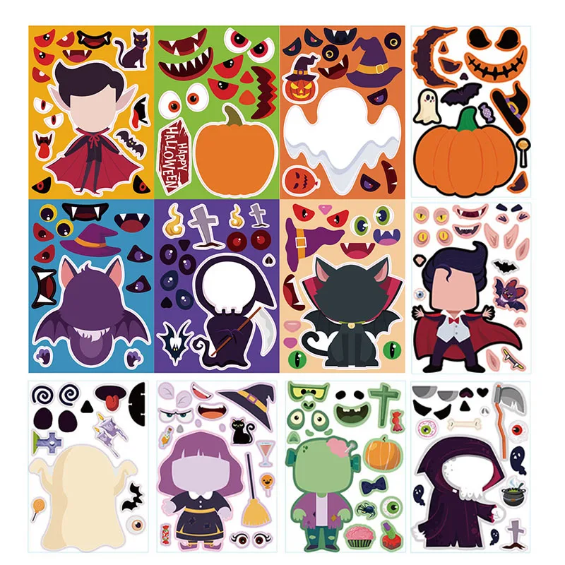 6/12/24Sheets Funny Puzzle Stickers For Kids DIY Your Own Halloween Facial Expression Assemble Stickers Boys Girls Party Gifts