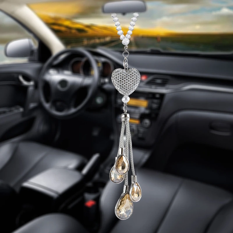 Sparkly Heart Car Rear View Mirror Charm Bling Car Rearview Mirror Crystal Pendant Hanging Ornament Decorations Car Accessories