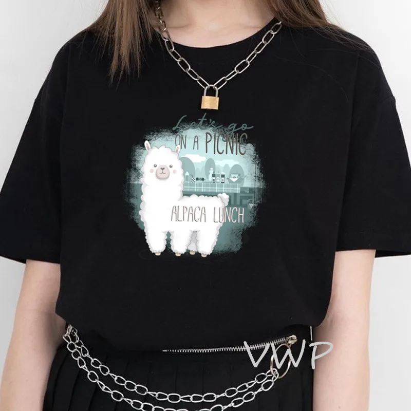 

Cute cartoon Alpaca T-Shirt Women Printed Let's go in a picnic Tshirt Female Funny Harajuku Summer Tops Black Women's clothing