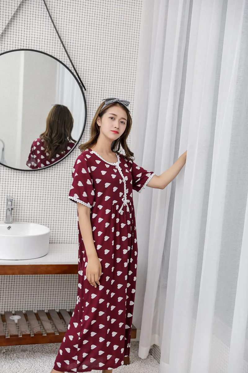 Fdfklak adt-Chemise de nuit à manches courtes pour femmes, robe longue, vêtements de maison en coton imprimé, chemise de nuit pour dames, vêtements