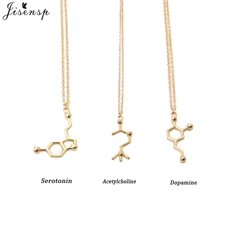 Jisensp Caffeine Molecule Geometric Necklaces Pendants DNA Serotonin Dopamine Necklace Chain Chokers Chemistry Female Collars