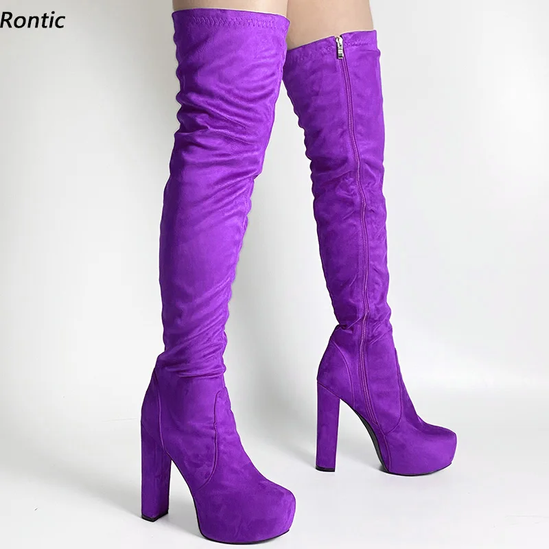 Rontic Handmade Women Winter Platform Thigh Boots Suede Chunky Heels Round Toe Pretty Purple Brown Red Party Shoes US Size 5-20