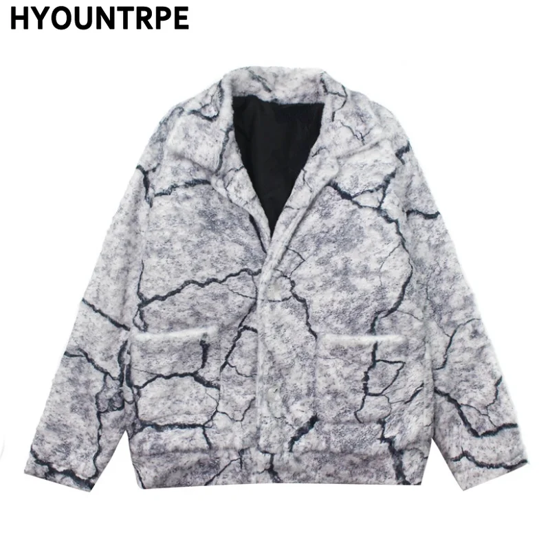 Mens Hip Hop Evil Harajuku Printed Fleece Jackets Coats Hairy Buttons Loose Outerwears Warm Stand Collar Thick Streetwear Parkas