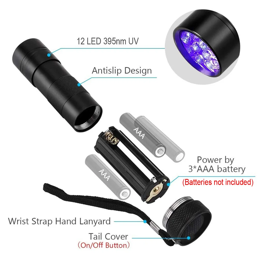 Uv-黒の防水ポータブル懐中電灯,12 LED,395nm,ミニランプ,ペット,汚れ用の懐中電灯