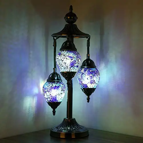 

LaModaHome 3 Globe English Table Lamp Tiffany Style Mosaic Glass Moroccan Lantern Bedside Light for Living Room Bedroom (2)