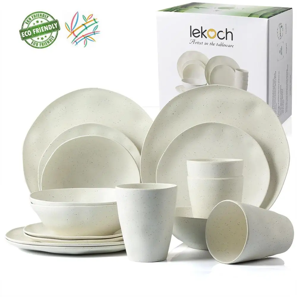 LEKOCH Tableware 16 pcs Bamboo fiber Household Dishware Set Simple dishes salad Soup bowl Steak plate Western dish