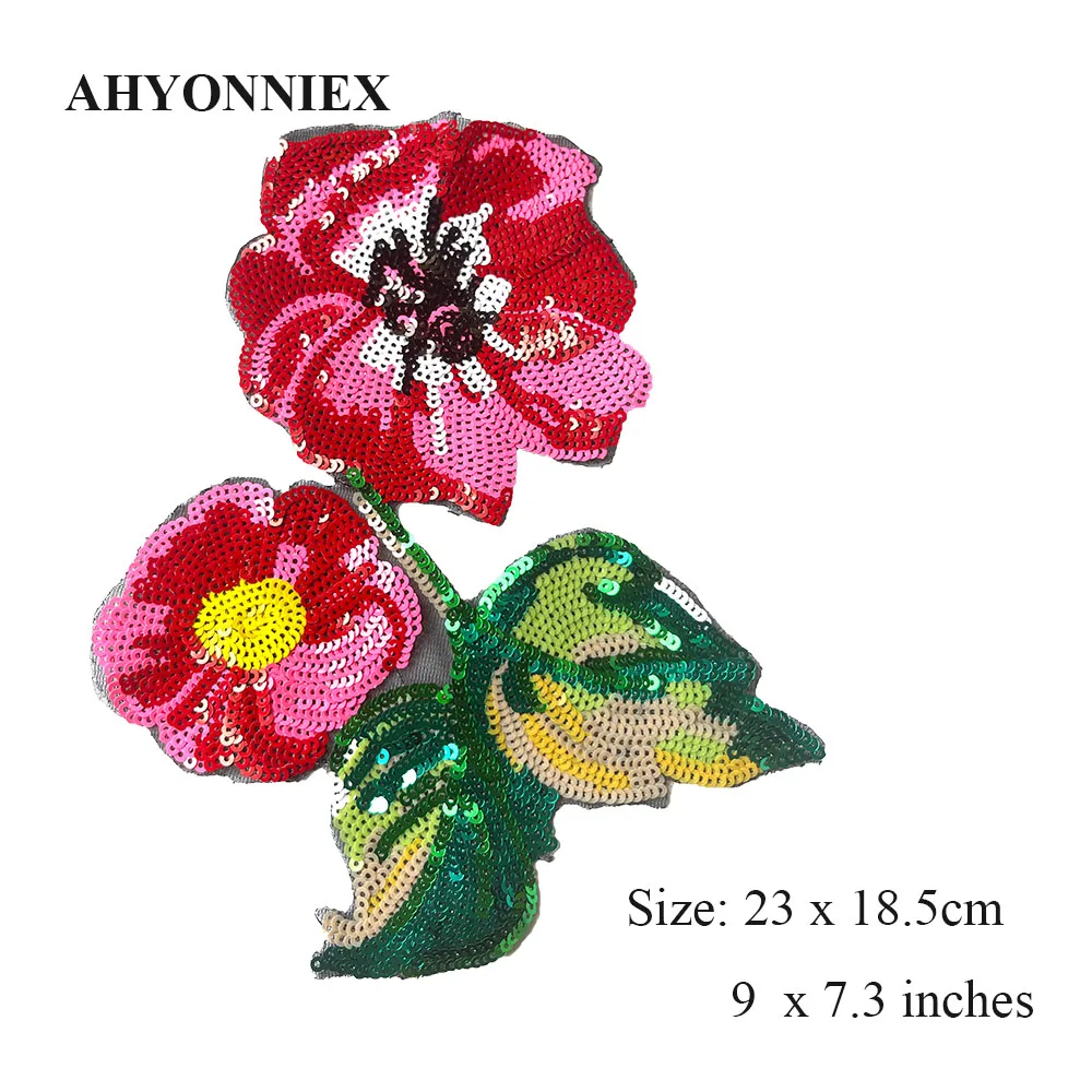 AHYONNIEX New Fashion Red Sequins Flower Patch DIY Applique Floral Patches For Clothing Bag Dress Sew On Patches 23.5cm x 16cm