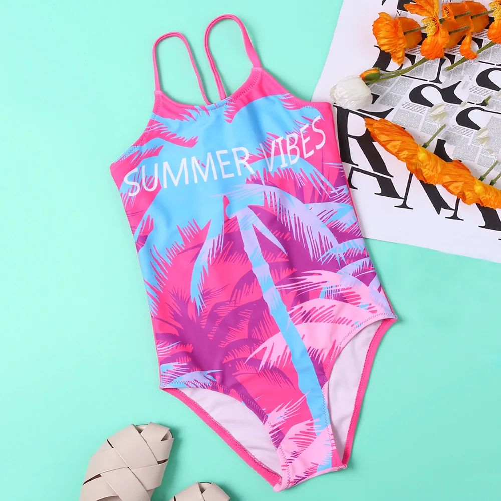 7-14 Years Girls One Piece Swimsuit Kids Palm Tree Print Children's Swimwear Teenage Girl Bathing Suit Monokini Summer Beachwear