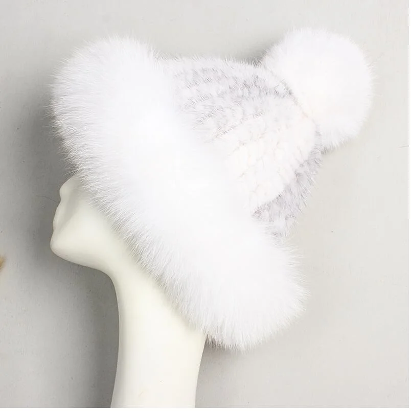 Real mink fur with real fox fur trim hat white winter warm caps new design red gray  fur beanies H701