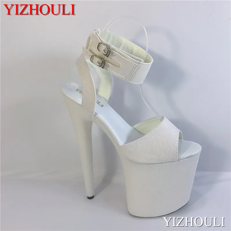 

8 inch sandals, white sequined soles with skinny straps for parties, 20 cm high-heeled models, pole dancing shoes