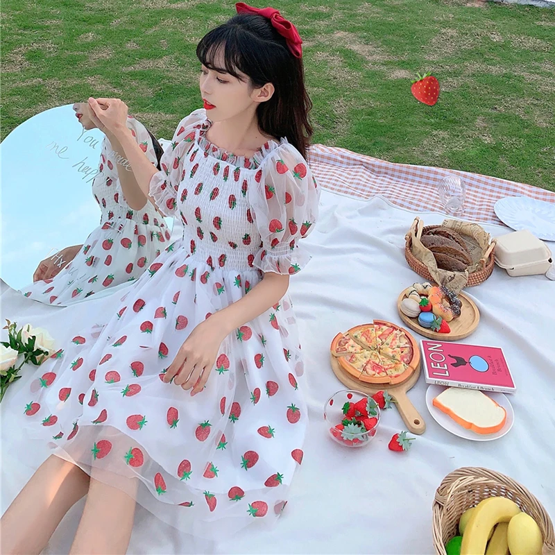 

Skirt Female Summer New Japanese Sweet Recipients Slim Puff Sleeve Strawberry Mesh Dress sweet lolita fairy kei gothic dress