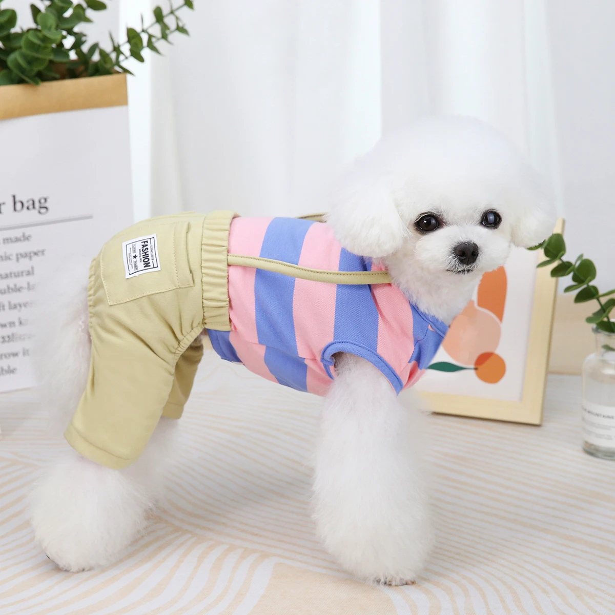 New Puppy Wide Striped Overall Dog Clothes Spring Summer Soft Coat Bichon Yorkshire Dog Home Clothing Cheap Dogs Costume Bib