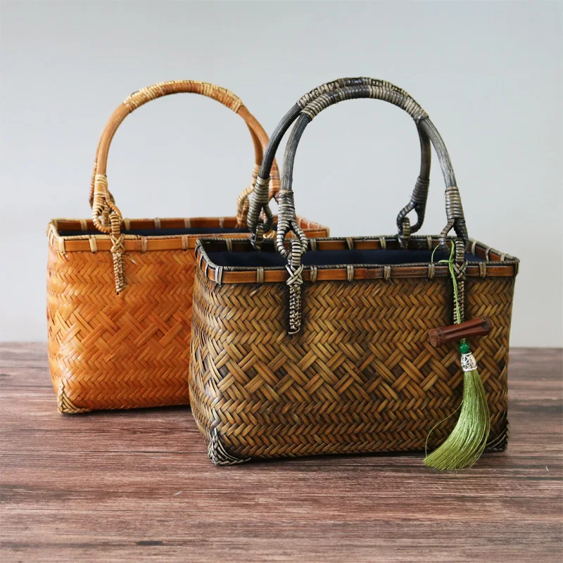 Hand-woven Retro Bamboo Woven Bag for Women, Handbag, Bamboo Woven Basket, Household Tea Storage Bag