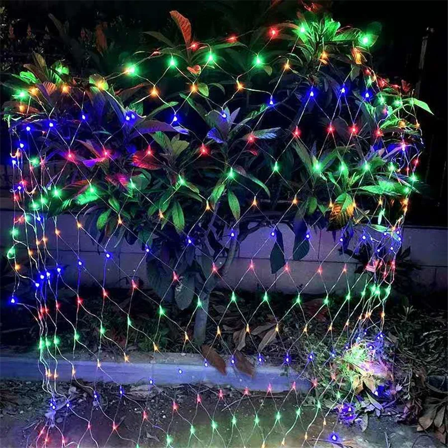 Luces de hadas navideñas para exteriores, guirnalda decorativa de 220V con enchufe europeo, 8 modos, luces Led de malla para pesca, hogar, boda,