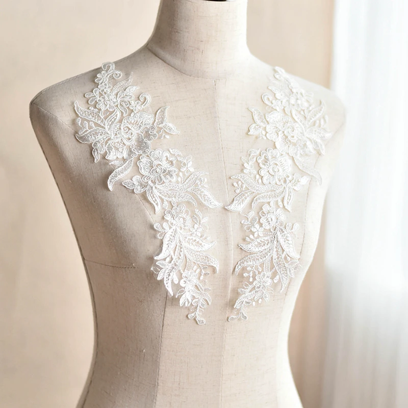 White Flower Sequins Embroidered Lace Applique Trim Sewing Collar for Wedding Dress DIY Costume Scrapbooking