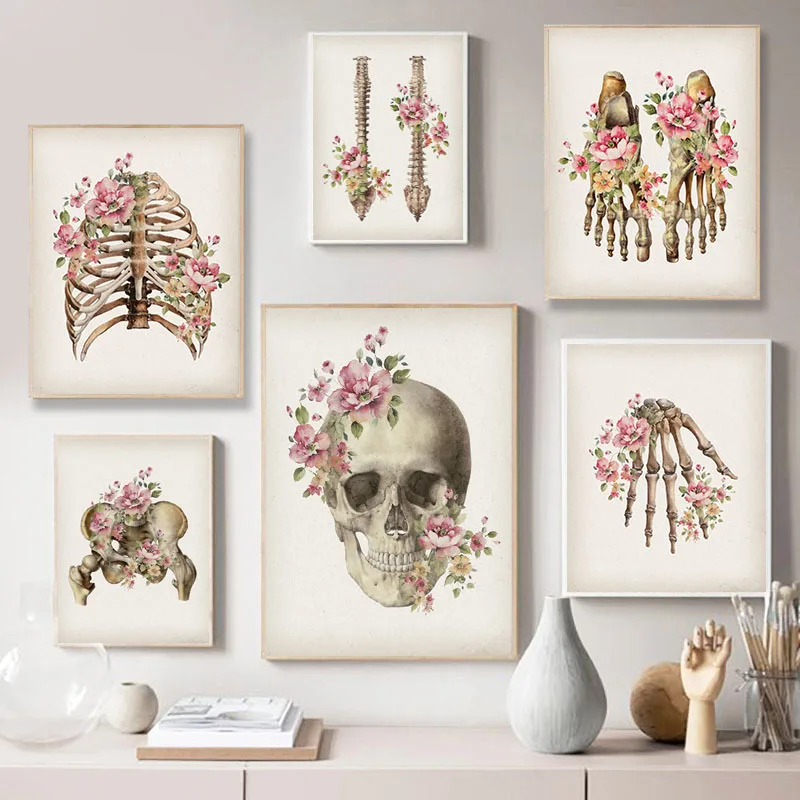 Floral Skeleton Bones Anatomy Poster Skull Spine Medical Canvas Painting Abstract Clinic Hospital Wall Art Print Decor Pictures