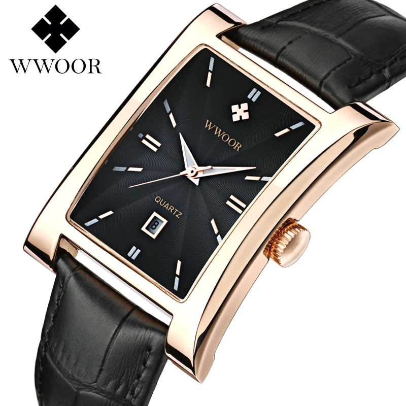 

WWOOR Men Leather Watch Waterproof Luminous Date Miyota Movement Casual Rectangle Analog Quartz Wristwatch relogio masculino