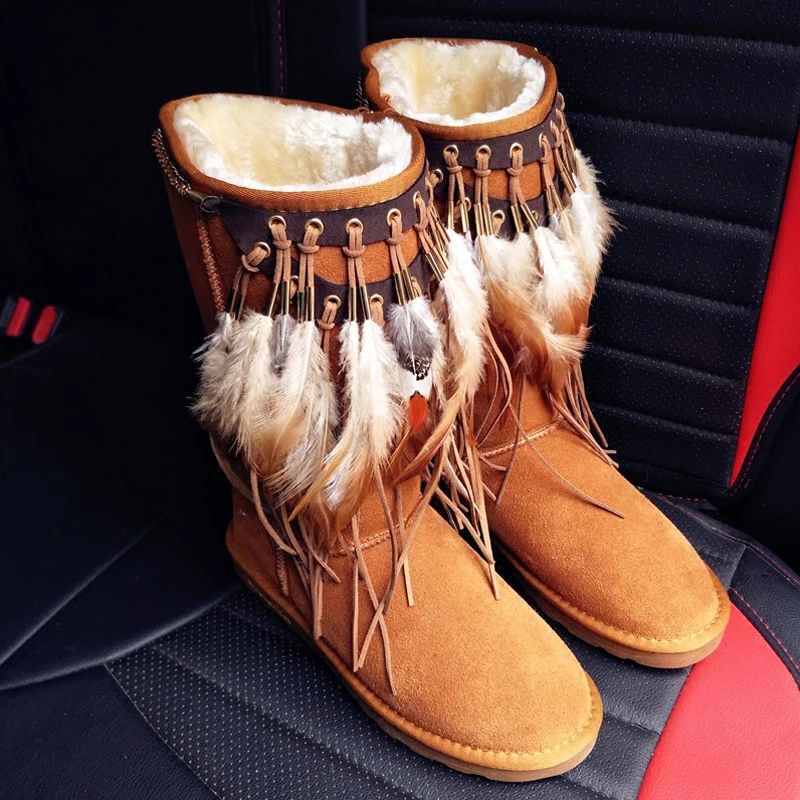 Retro National Style Winter Snow Boots Women Handmade Leather Tassel Feather Warm Mid-calf Boots Slip-On Casual Shoes Women