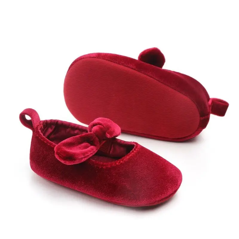 Zapatos de princesa para bebés recién nacidos, calzado de terciopelo rojo para Navidad, con lazo, para primeros pasos de 0 a 18M