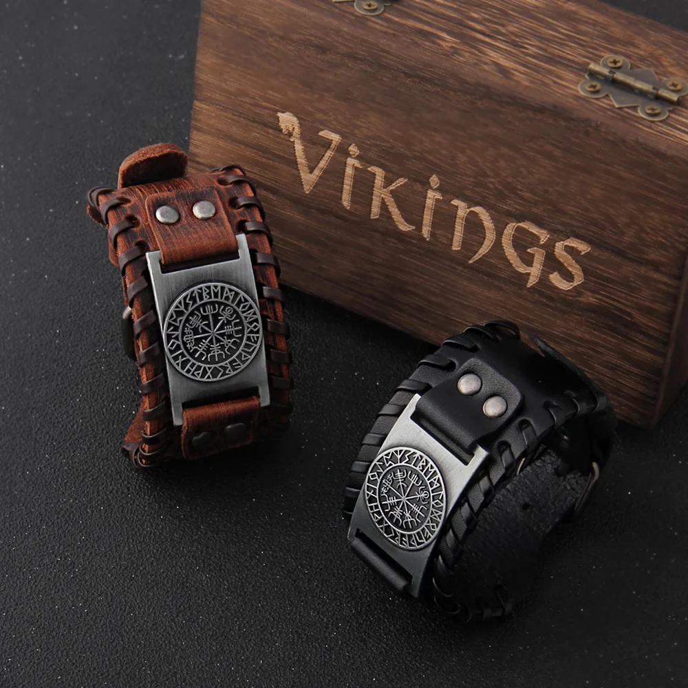 Charm Wide Leather Bracelet Men Punk Braided Rope Alloy Cuff Bangle Male Wristband Viking Bracelet Mens Jewelry with wood box