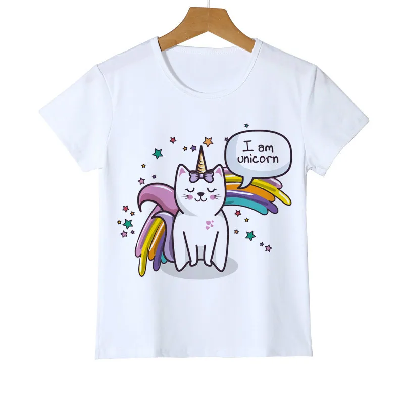 Camiseta de gato unicornio arcoíris para niña, camiseta kawaii de gato de dibujos animados de animales, camiseta femenina, ropa para niños