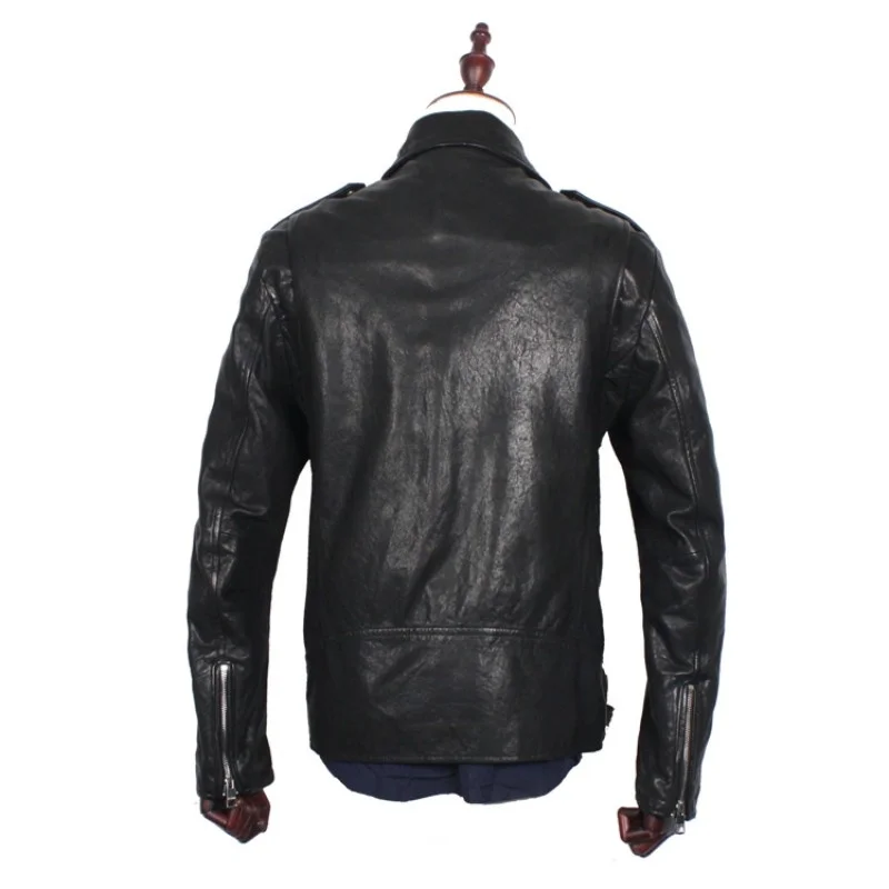 

Mens Classic Sheepskin Real Leather Jacket Autumn Motorcycle Biker Genuine Leather Jacket Man Zipper Lapel Collar Outerwear Coat