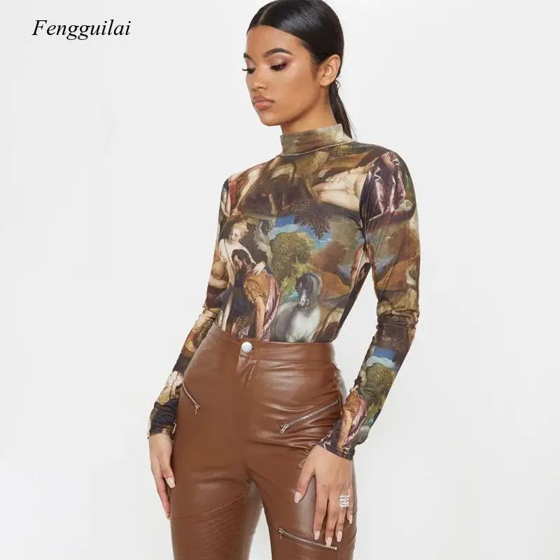 French Retro Fashion Print One Piece 2021 Autumn New Long Sleeve Slim Women Bottomed Jumpsuits