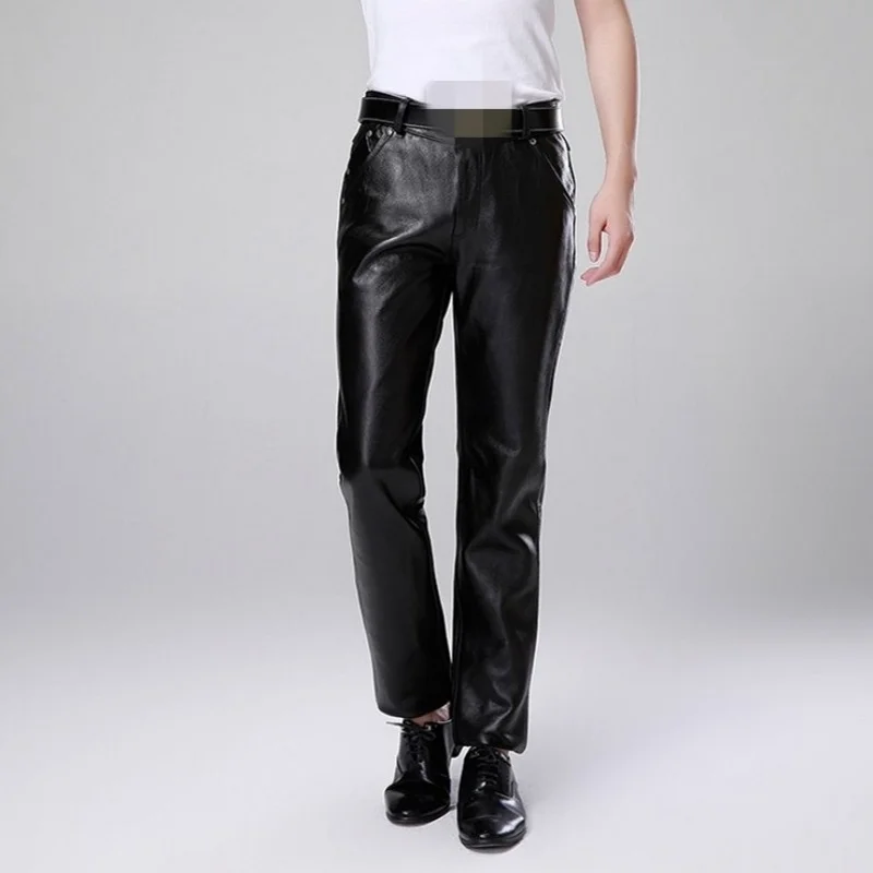 Luxury Men Cowskin Motorcycle Leather Pants Large Size Straight Genuine Leather Trousers New Warm Slim Fit Business Casual Pants