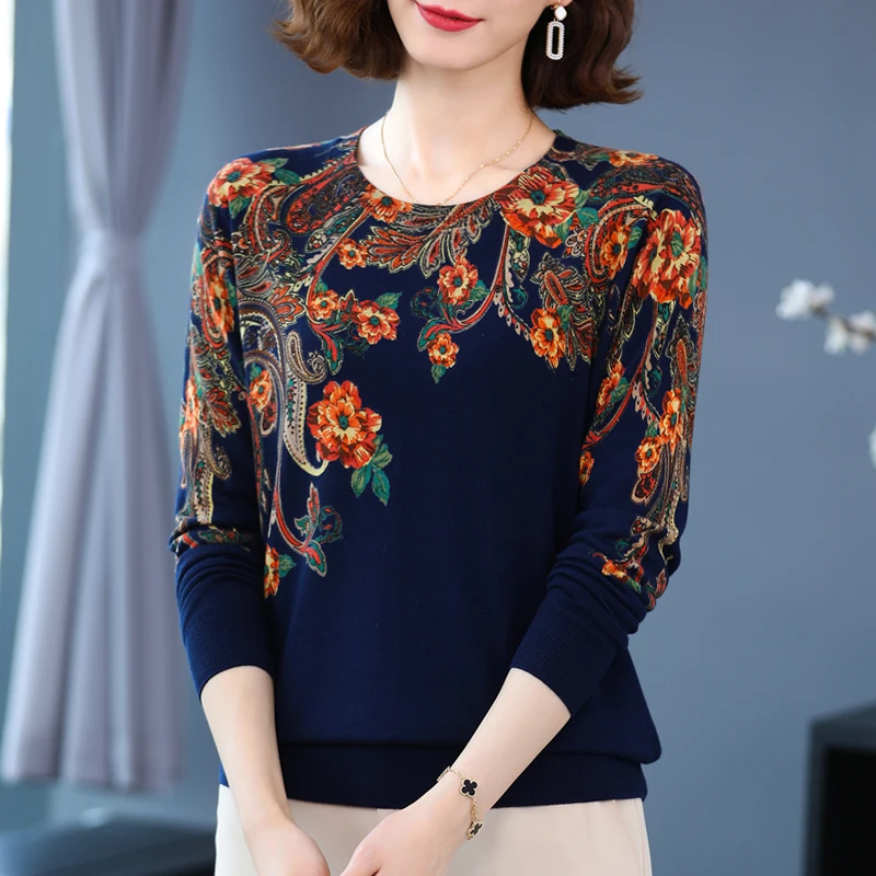 

New Arrival Female Modal Printing Knit T-shirt Spring Long Sleeve Floral Knitwear Tops Ladies O-Neck Floral Printed Jumpers