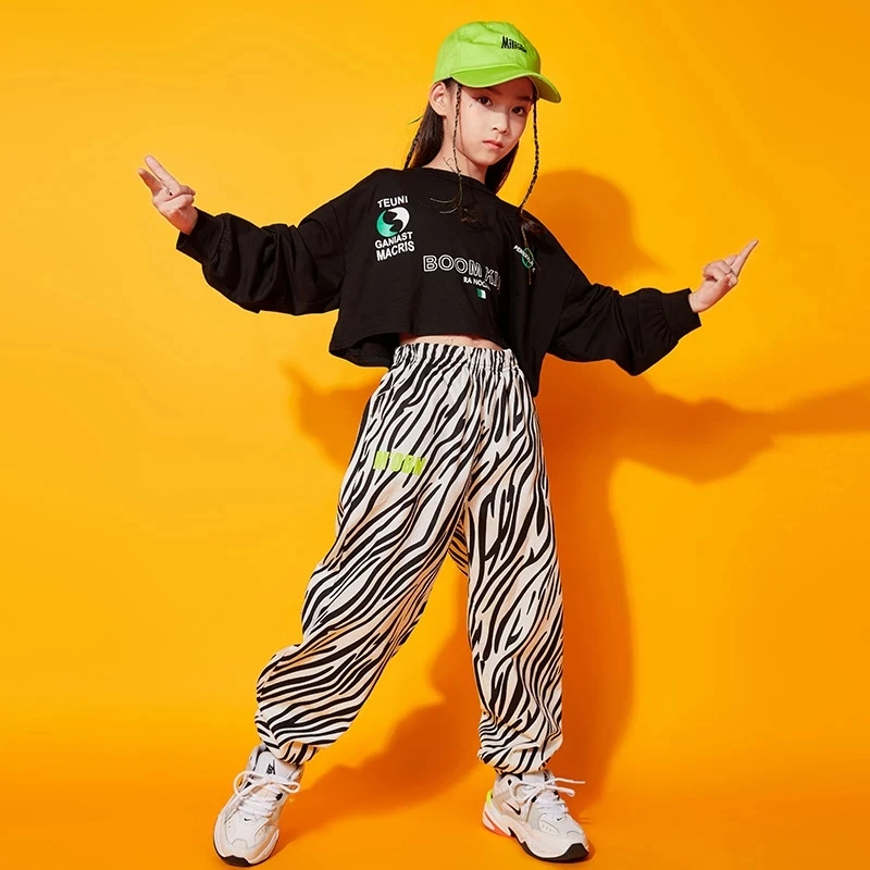 Ropa de Hip Hop para niños, Sudadera corta de manga larga con estampado de cebra, pantalones de calle para correr, disfraz de baile de Jazz para niñas