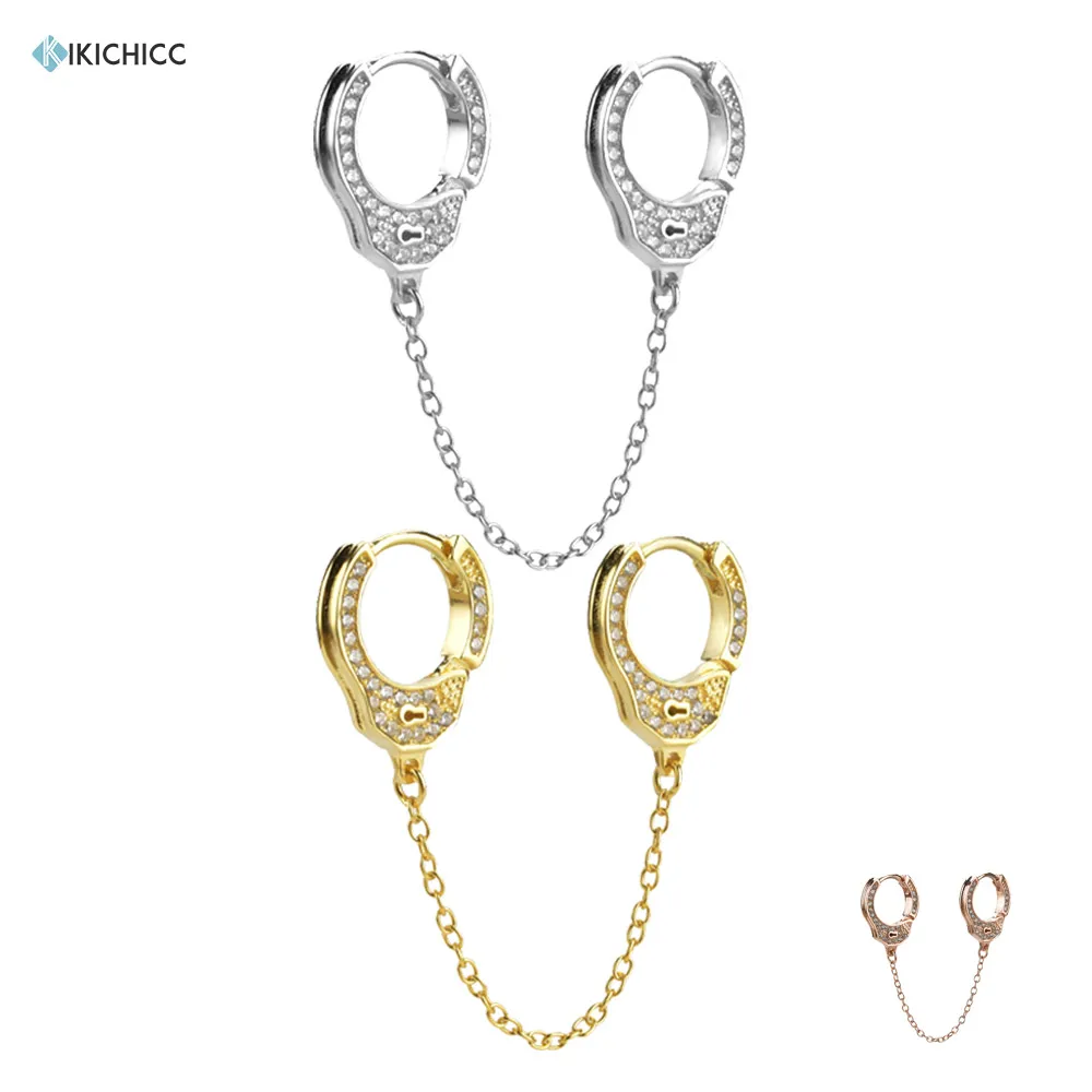 Kikichicc 925 Sterling Silver 8.5mm Handcuff Hoops Double Huggies Cuffs Chain Women CZ Zircon Earring Rock Punk Girl Jewelry