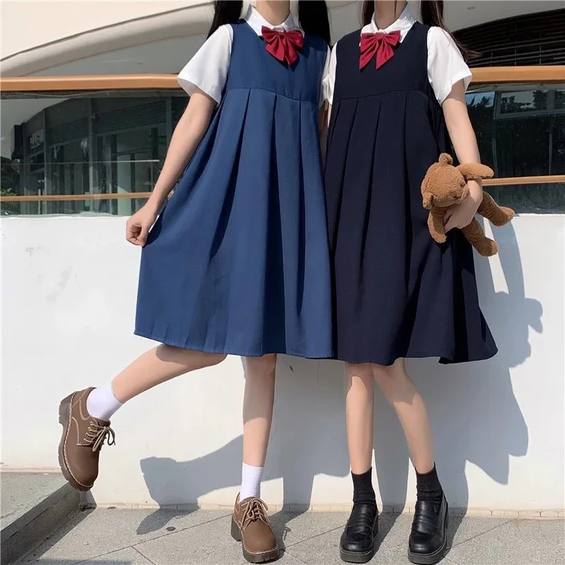 Women Long Pleated Pinafore Dress Lady Autumn Original Black JK Uniform Sleeveless Premium Student Girls Suit Graduation Costume