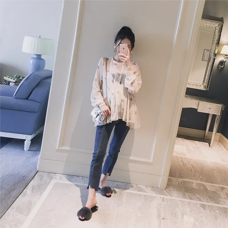 2018 New Spring Flower Printing A-Line Tops For Pregnant Women Maternity Clothing Rouned Neck Maternity Doll Shirt