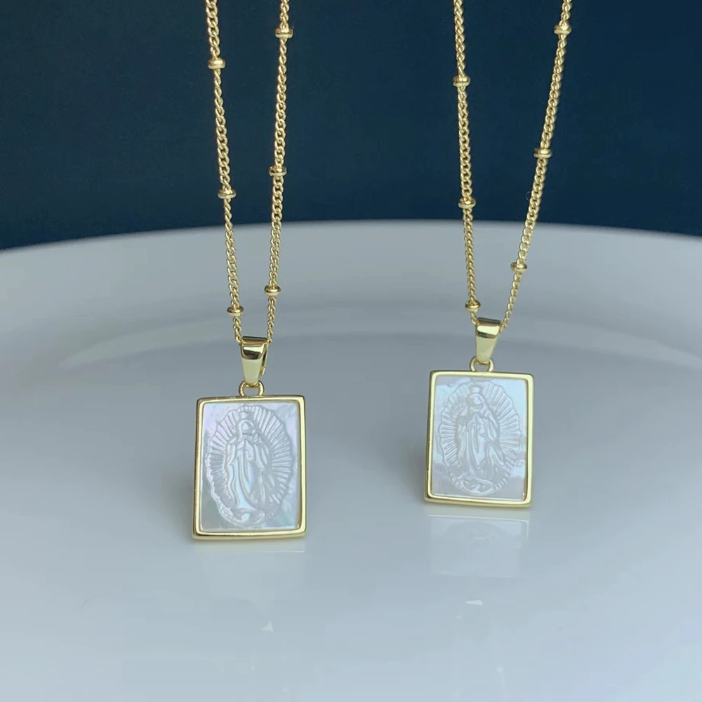 Natural Mother of Pearl Shell Guadalupe Virgin Pendant Necklace Religions Vintage Jewelry For Women