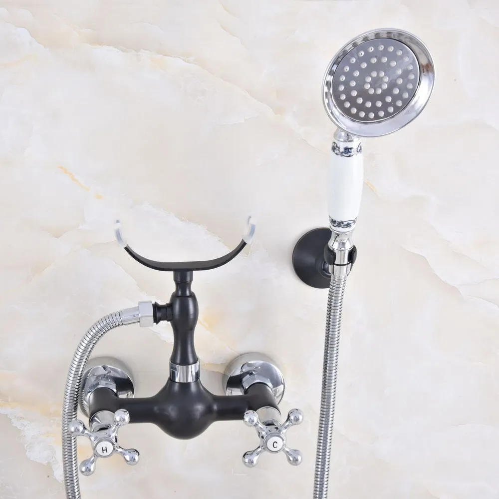 

Black Oil Rubbed & Silver Chrome Brass Wall Mount Bathtub Faucet with Handheld Shower Set +1.5M Hose Mixer Tap 2na627