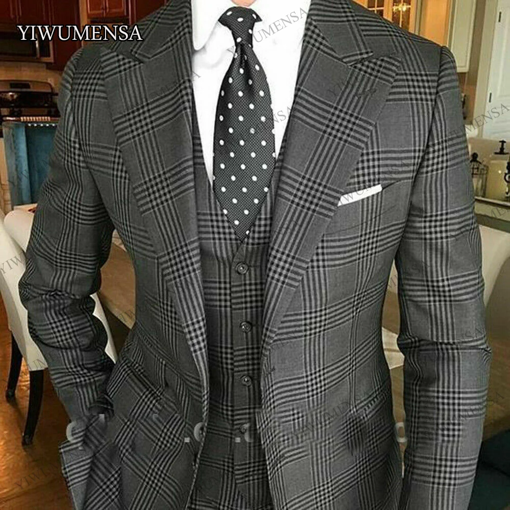 

Houndstooth Groom Tuxedos Peak Lapel Men Wedding Formal Prom Dinner Party Suits Men Custom Made 3 Pieces ( Jacket vest Pants)