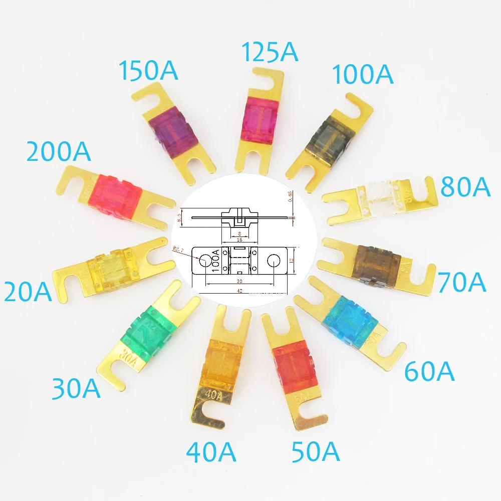 2pcs Gold Plated ANL Fuse For Car 20/30/40/50/60/70/80/100/125/150/200 Amp