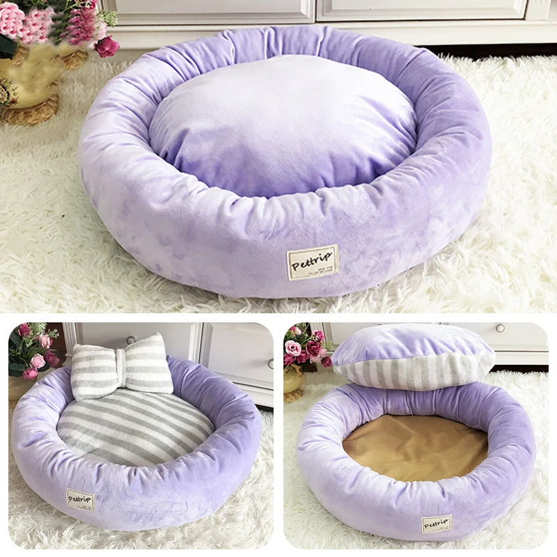 SUPREPET – lit rond en flanelle pour chiens et chats, chaud, amovible, doux, respirant, confortable, avec nœud papillon, pour petit gabarit, hiver