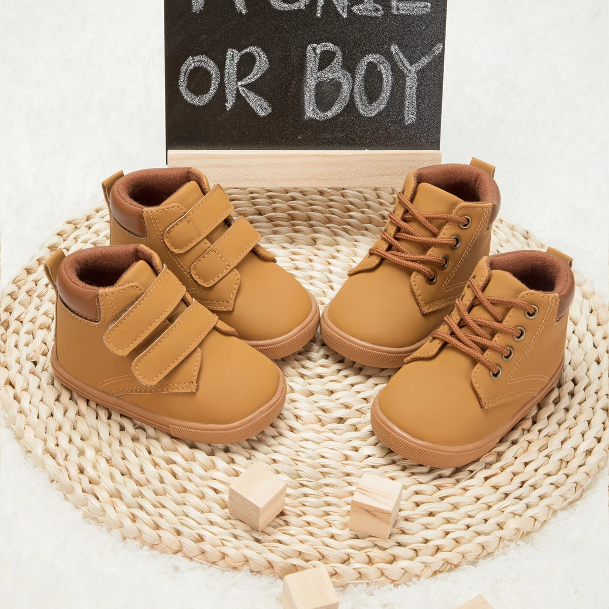 

2021 New Arrival Baby Shoes High-Top Lace-Up Hook&loop Non-Slip Soft Rubber Sole Infant Fitst Walkers Kid Shoes