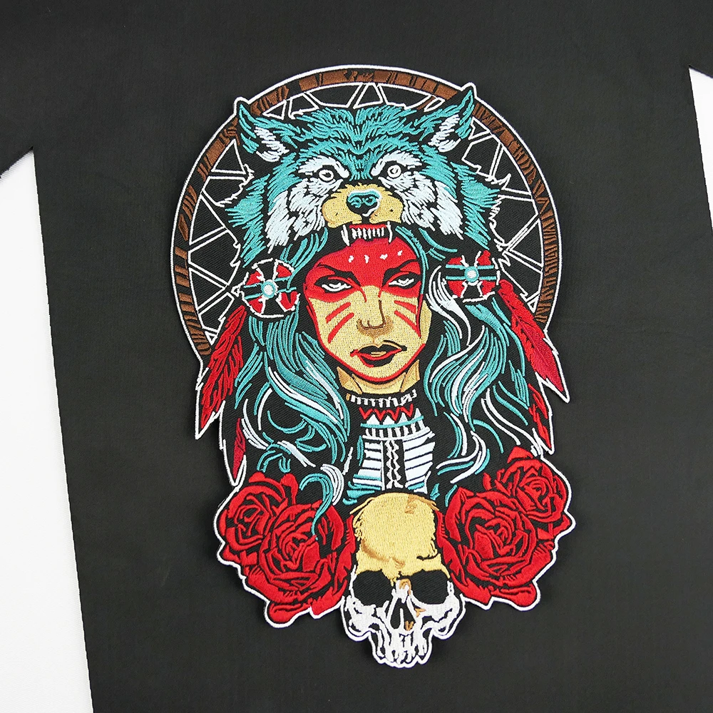 Queen of the Forest Skull Embroidery Patches 17*27CM Big Back Iron on Patch Appliques Rose and Wolf MC Bikers Jackets Vests