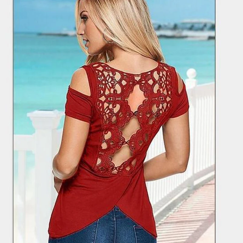 2021 Fashion Women Short Sleeve Sexy Back Lace Off Shoulder Solid Casual Lace Shirts Blouses Summer Tops Blouses